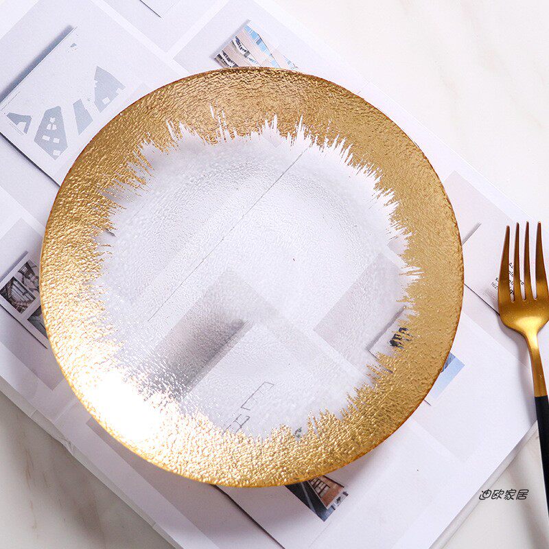 奢华高档金色玻璃盘金箔牛排盘