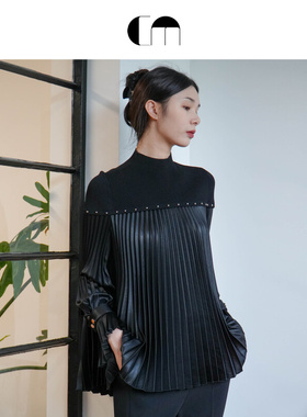 [秀场同款]COMME MOI吕燕设计师早春通勤显瘦风琴褶长袖女上衣