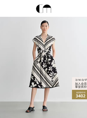 COMME MOI吕燕设计师款女装印花抽褶流苏收腰连衣裙