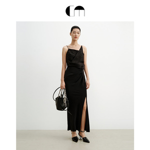 COMME MOI吕燕设计师早春女装黑色压褶法式气质连衣裙