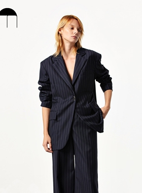 韩雪同款COMME MOI吕燕设计师早春职业高级感羊毛藏青条纹西装