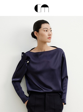 COMME MOI吕燕设计师早春女装通勤造型袖藏青色醋酸衬衫上衣