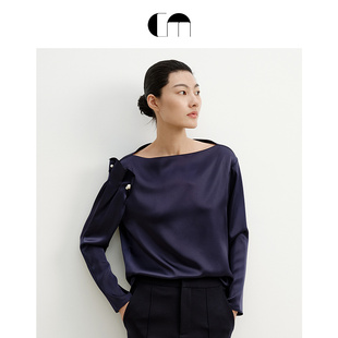 COMME MOI吕燕设计师早春女装通勤造型袖藏青色醋酸衬衫上衣