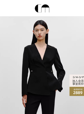 COMME MOI吕燕设计师早春女装黑色优雅收腰显瘦V领西装