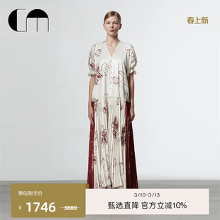 COMME MOI吕燕设计师早春新中式复古印花压褶灯笼袖宽松V领连衣裙