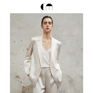 秋瓷炫同款 COMMEMOI吕燕设计师女双排扣直身西装三醋酸缎面外套