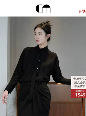 COMME MOI吕燕设计师夏季女装直身系带通勤干练黑色衬衫上衣