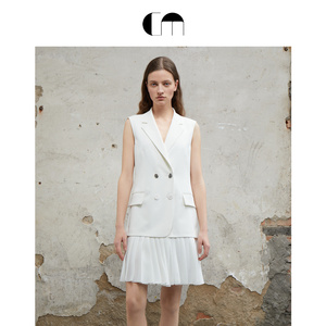 COMME MOI吕燕设计师早春女醋酸西装领无袖百褶淡人穿搭连衣裙