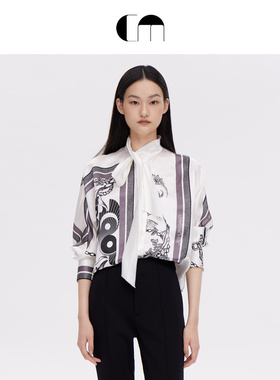 [秦海璐同款]COMME MOI吕燕设计师通勤新中式飘带印花真丝衬衫