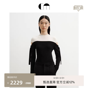 COMME 上衣 MOI吕燕设计师黑白撞色半高领镂空露肩绵羊毛针织衫