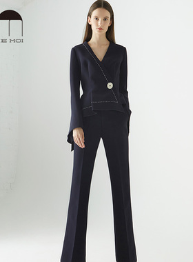 COMME MOI吕燕设计师早春经典廓形梭织藏蓝色高腰喇叭裤