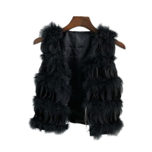 春秋鸵鸟羽毛配雪纺短款编织女士皮草马甲夹背心坎肩薄款特价清