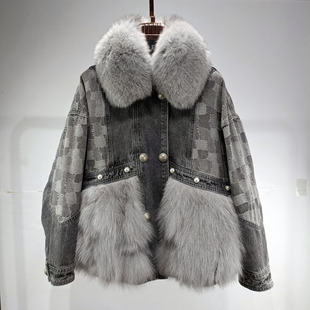 秋冬新狐狸毛领皮草外套女90白鸭绒羽绒内胆海宁牛仔派克服特价清