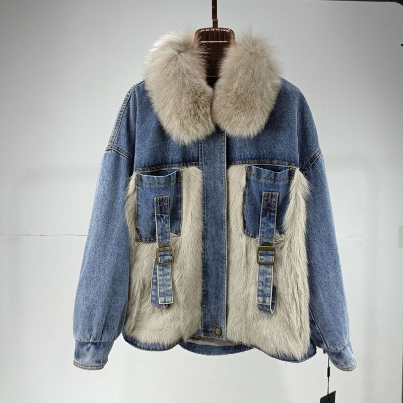 新款冬牛仔拼接狐狸毛皮草外套女羽绒派克服托斯卡纳羊毛皮毛一体