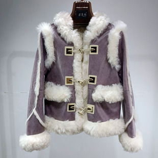 秋冬新款兔皮毛一体皮草外套女托卡羊羔毛领时尚短款夹克休身年轻