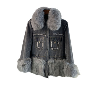 狐狸毛领皮草外套牛仔派克服白鸭绒羽绒服貉子毛短款女潮牌特价清