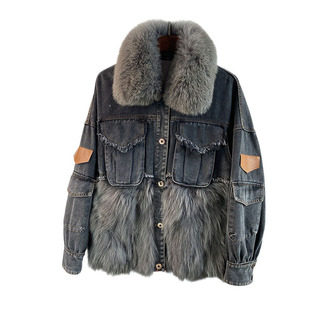 大码年轻短款牛仔派克服女冬新款真狐狸貉子毛皮草外套羽绒服大衣