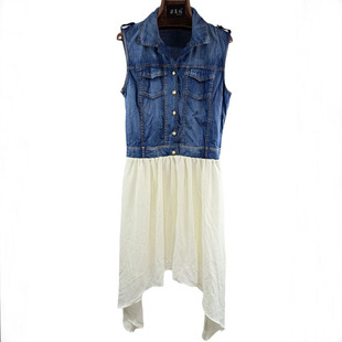 牛仔拼接无袖女中长款2025夏季新款修身减龄小个子炸街雪纺连衣裙