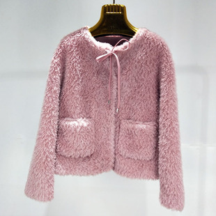 反季韩版2024秋冬新女装羊剪绒大衣女短款圆领小个子羊毛皮草外套