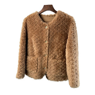 海宁2025新款剪花圆领羊剪绒外套女短款皮毛一体羊羔毛年轻款皮草