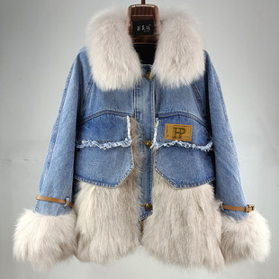 狐狸毛皮草外套女海宁2025新爆款拼接牛仔中长款派克服年轻羽绒服