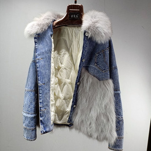 网红狐狸毛领白鸭绒牛仔羽绒服皮草派克外套女名媛风短款外套冬新
