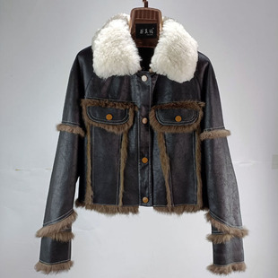 秋冬新款托斯卡纳羊毛皮毛一体领配兔毛皮毛一体女短款皮草外套特