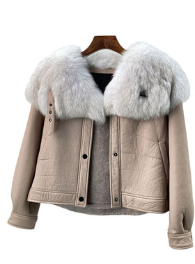 真羊毛皮毛一体女外套短款 美利奴皮草大衣年轻狐狸毛领羊羔毛p85