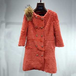 皮草外套单肩貉子肩毛女七分袖 整皮兔毛剪花中长款 显瘦 清仓 断码