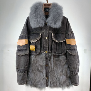 女装2025冬季牛仔拼接真狐狸皮草外套白鸭绒羽绒服宽松减龄上衣特