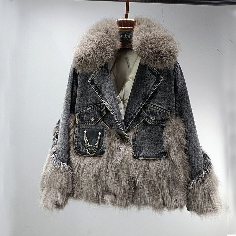 短款皮草女欧洲站冬装加厚鸭绒内胆狐狸毛大毛领牛仔夹克貉子外套,女装/女士精品,皮草,淘宝优惠券,粉丝福利购,淘宝优惠卷