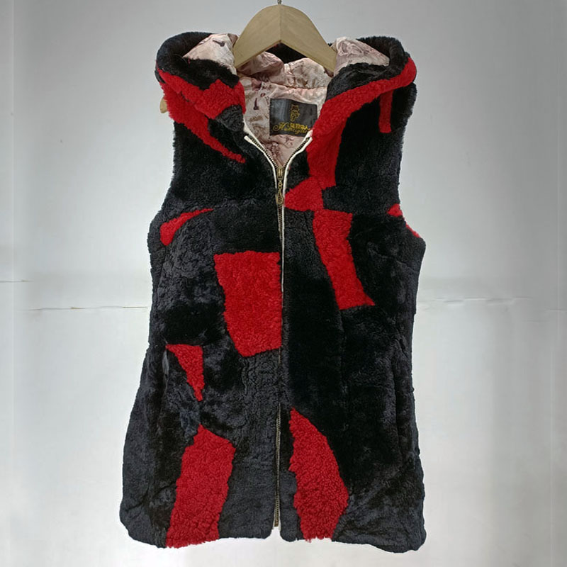 美利奴羊毛皮毛一体连帽马甲背心