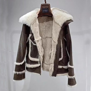 海宁兔毛天然皮毛一体机车托卡羊毛领洋气新女冬季轻奢女时尚减龄