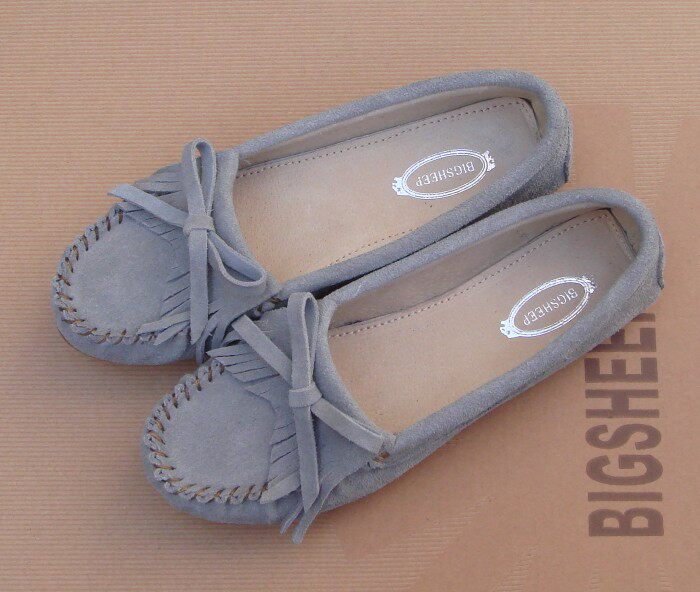 春秋磨砂牛皮真皮流苏蝴蝶结平跟牛筋底浅灰色豆豆鞋女单鞋包子鞋