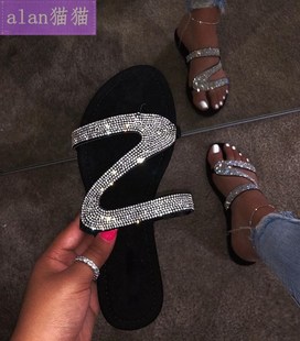 diamond women sandals shoes slippers black水晶拖鞋女平底凉鞋