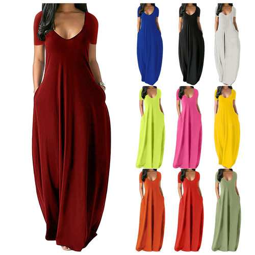 Big size women's solid color sexy deep V short sleeved dress