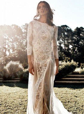 Womens dress round neck backless lace wedding dress ladys