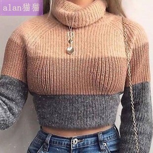 Knit collar Sweaters High Jumper Women 女条纹高领毛衣Winter