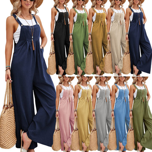 Women's solid color casual overalls jumpsuit pants休闲背带裤