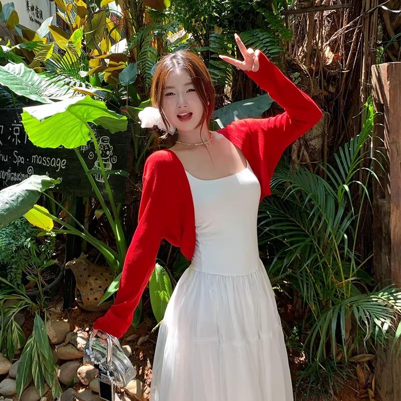 冰丝针织红色开衫外套女夏季轻薄款小披肩外搭配吊带裙子防晒罩衫图片
