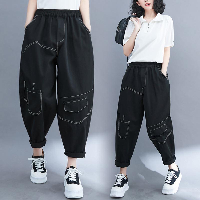 文艺明线撞色休闲裤女春装胖mm显瘦百搭小脚垮裤大码宽松哈伦裤子