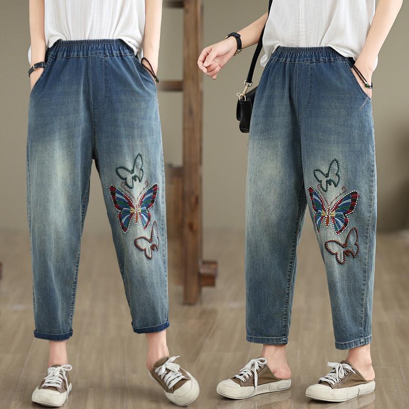 小菲家~2024夏装新款韩版大码遮肉哈伦裤绣花洋气复古女式牛仔裤