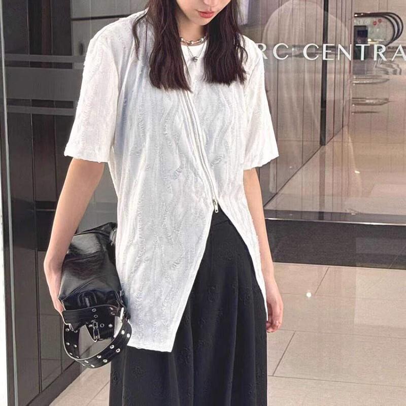 大码设计感斜拉链开叉白色短袖t恤女夏季新款微胖mm宽松显瘦上衣