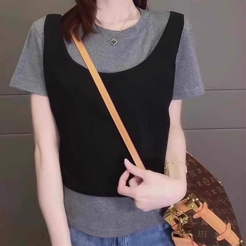 胖MM大码独特设计感上衣夏季2025假两件短袖T恤宽松显瘦遮肉微胖