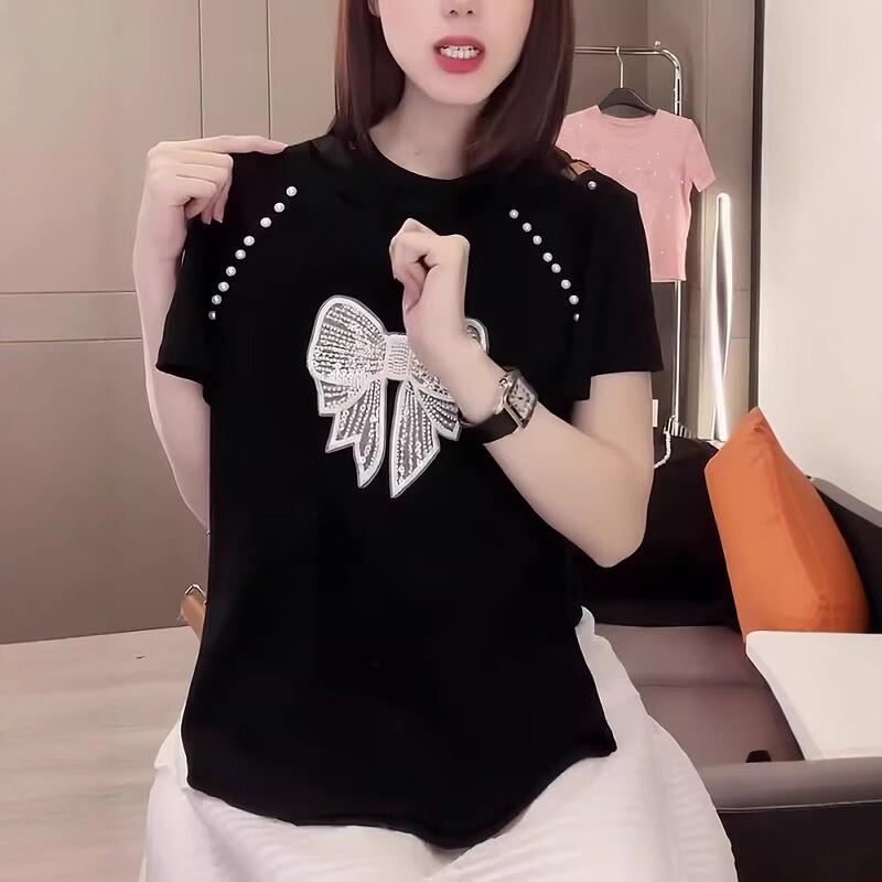 大码女装今年新款2025夏黑色短袖T恤时尚钉珠蝴蝶结超火显瘦上衣