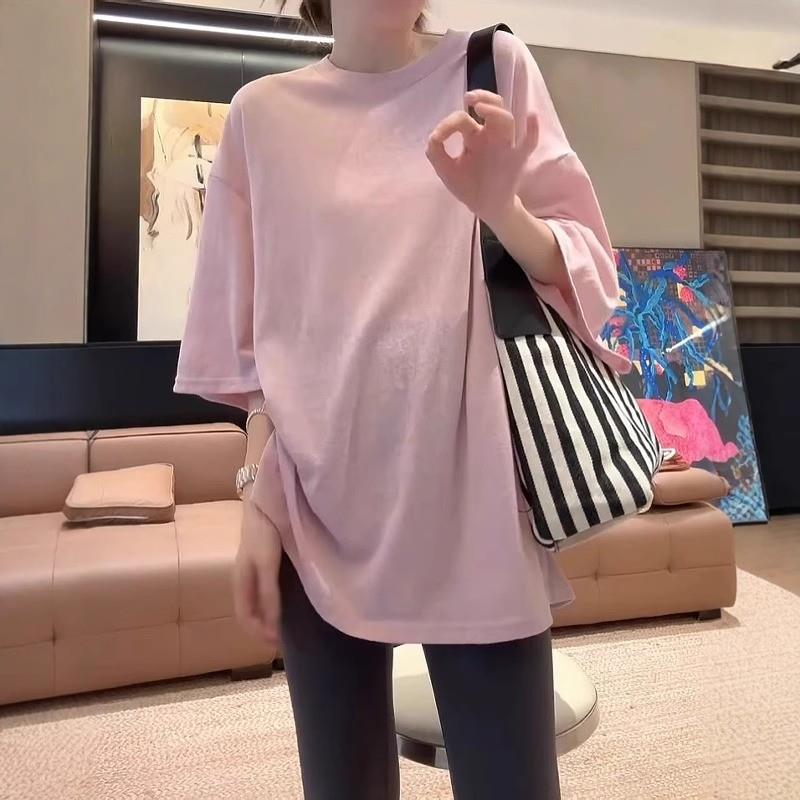 大码气质慵懒风纯色圆领短袖T恤女夏胖mm休闲显瘦超好看百搭上衣