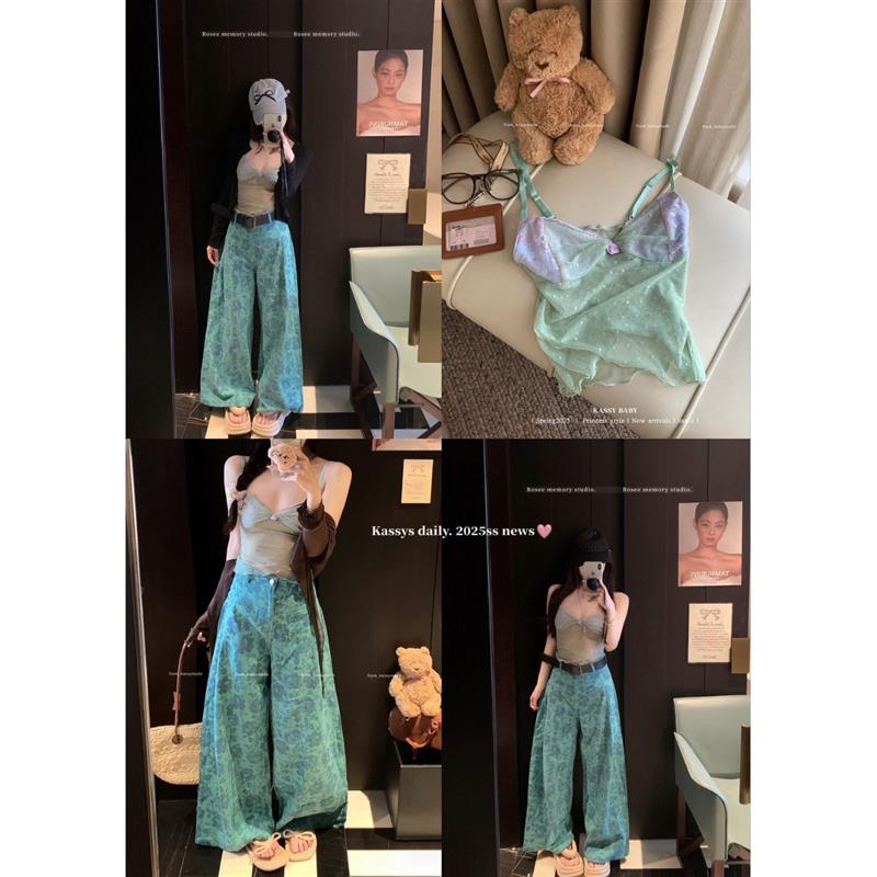 复古绿色印花休闲裤女夏季高腰宽松直筒阔腿裤子小个子拖地裤长裤