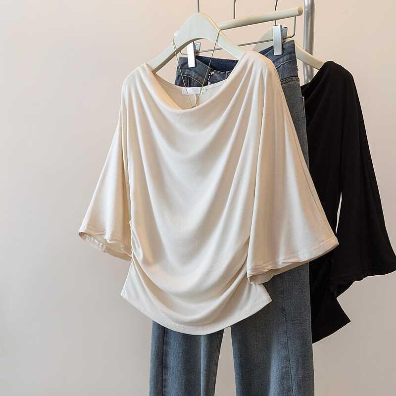 大码一字领七分中袖t恤2025夏季新款胖mm宽松显瘦褶皱喇叭袖上衣
