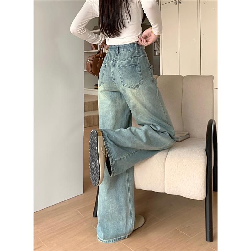 美式复古蓝色牛仔裤女春季设计感裤子高腰宽松直筒阔腿小个子长裤