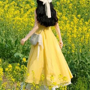 甜美多巴胺黄色吊带连衣裙子女夏季2025新款海边度假清纯掐腰长裙